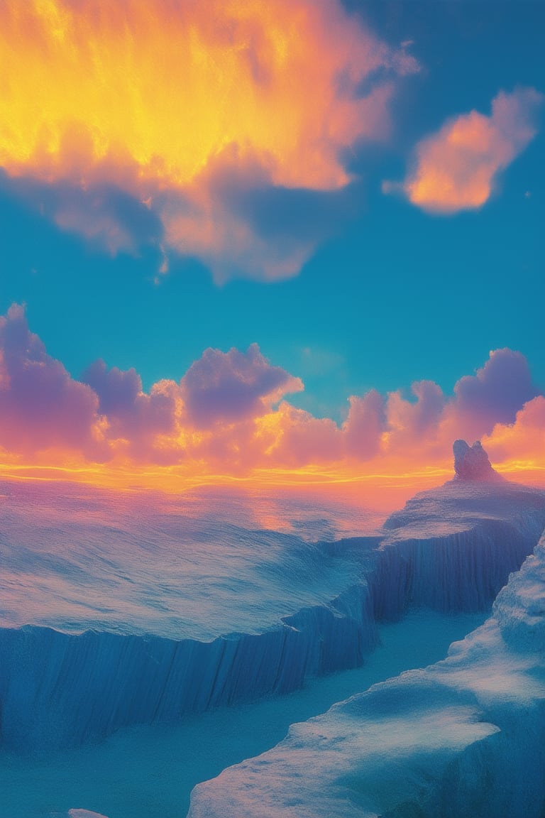 A surreal landscape: Gradient World - A vibrant blue hue spreads across the horizon, gradually transitioning into a warm orange and then yellow towards the foreground. Soft, wispy clouds drift lazily through the air, their gentle curves mirrored in the undulating terrain below. In the distance, a lone figure stands at the edge of a precipice, gazing out upon the kaleidoscope of colors, while the gradient's subtle gradations evoke an otherworldly sense of depth and dimension.