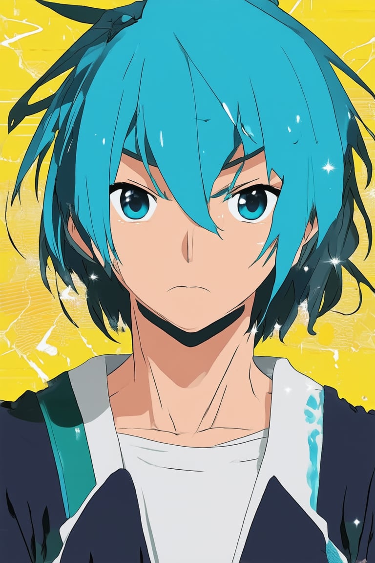 A close-up shot of a anime protagonist's determined face, with bright blue hair styled in a messy bob, against a warm yellow background. The character's eyes are a deep shade of indigo, with subtle sparkles to emphasize their energetic personality. Softly focused lines and delicate texture bring the animation to life.