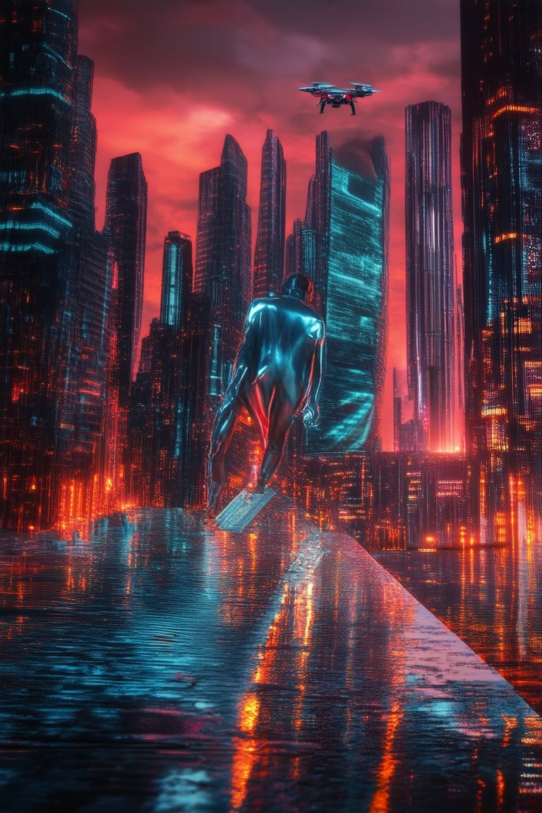 A futuristic cityscape at dusk, with sleek skyscrapers and neon lights reflecting off wet pavement, a hovering drone zipping by, and a lone figure in a metallic jumpsuit standing atop a pyramid-shaped building, gazing out at the sprawling metropolis.