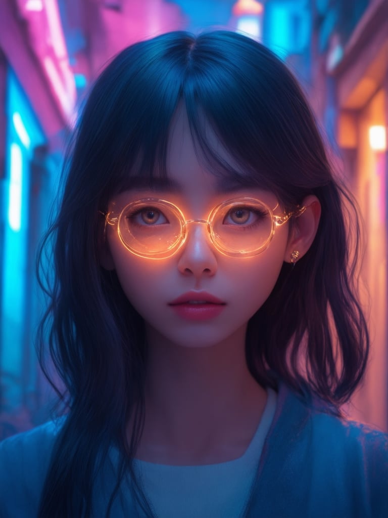 In a neon-drenched cyberpunk alleyway, a captivating girl with clear glasses that glow like tiny lanterns. Her piercing gaze, framed by luscious locks, is illuminated by warm golden ratio details. Amidst intricate, decadent digital painting, she stands out in 32k UHD splendor, her eyes shining like beacons amidst the vibrant complementary colors of the ever-after high fantasy world. The octane render shines with artstation-quality smoothness and sharp focus, reminiscent of loish and wlop's masterpieces. As the light leaks and subsurface scattering dance across her face, her rim-lit beauty is lifted by the uplifting atmosphere, exuding warmth and charm in this digital painting masterpiece.