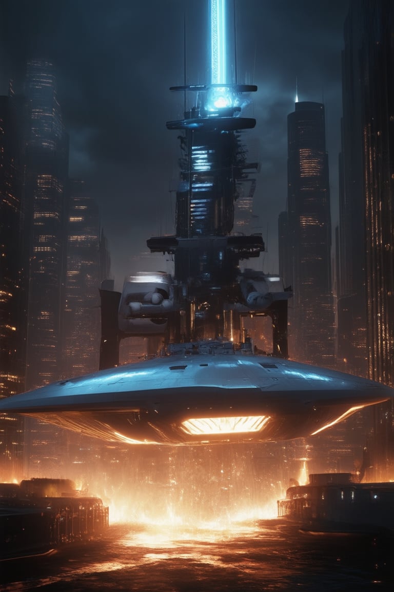 Depict a futuristic cityscape at dusk, with neon lights illuminating the darkening sky. A sleek, silver spaceship lands softly in the center of the frame, its engines glowing with a soft blue light. The atmosphere is tense, with shadows cast by towering skyscrapers and a sense of anticipation building as the ship's occupants prepare to disembark.