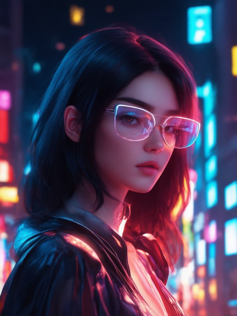 In a neon-drenched cyberpunk cityscape, a captivating young woman with clear, glowing glasses shines like a beacon. Her intricate, decadent attire glimmers with subtle sheen, framed by the golden ratio's harmonious lines. Smooth, sharp focus captures every detail, from her detailed eyes to her highest-quality face, as if illuminated by octane render's divine light. Soft light leaks and subsurface scattering add warmth, while rim lighting defines her features against a deep, vibrant background, a masterpiece of art by Artgerm, Loish, or Wlop.