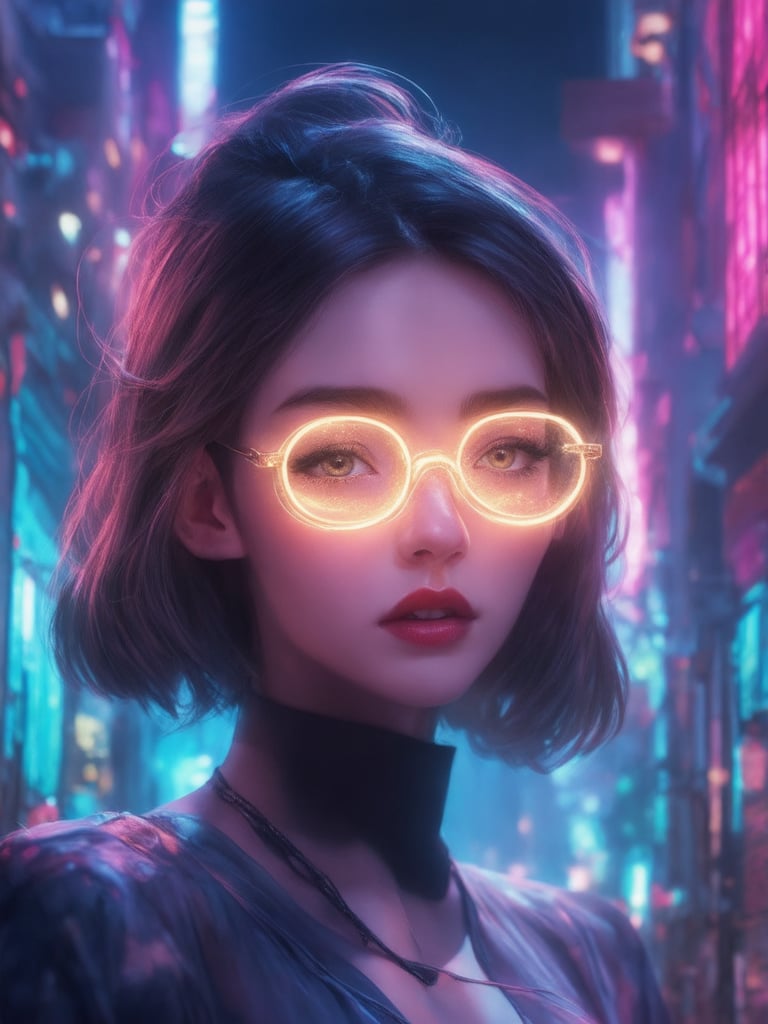 In a neon-drenched cyberpunk cityscape, a captivating girl wears clear, glowing glasses that seem to pulse with an inner light. Her features are rendered in exquisite detail, adhering to the golden ratio. Golden highlights dance across her skin as she strikes a pose, surrounded by intricate, decadent scenery. The 32K UHD illustration bursts with life, showcasing a masterpiece of detailed eyes and face. Soft light leaks and subsurface scattering create a sense of depth, while rim lighting accentuates her features. The vibrant background and sharp focus transport the viewer to an ever after high, where fantasy and cyberpunk collide in a stunning work of art reminiscent of Loish, WLOP, and Artgerm's style.