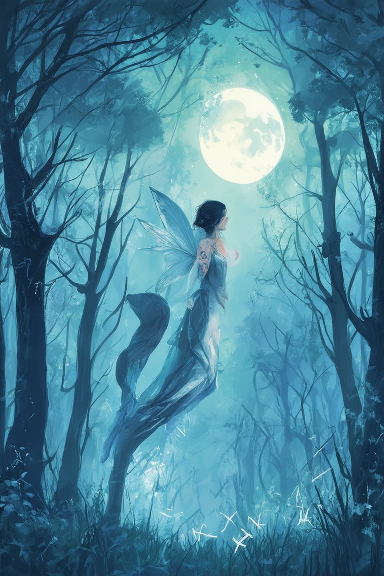 A whimsical illustration of a mystical forest, where towering trees with glowing runes stretch towards the moonlit sky. A faerie perches on a branch, her delicate wings shimmering in shades of iridescent blue and green. Soft, ethereal light wraps around the scene, casting dappled shadows on the forest floor. The composition is balanced by the symmetrical arrangement of trees, while the faerie's pose conveys a sense of gentle curiosity.