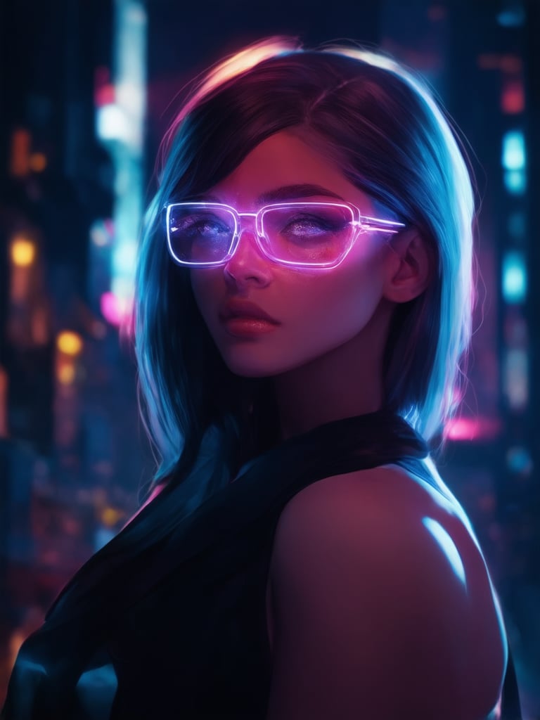 A stunning cyberpunk girl stands against a dark cityscape at dusk. She wears clear neon glasses with intricate details, gazing out into the distance. The composition adheres to the golden ratio, with smooth lines and sharp focus on her striking features. Her face is a masterpiece of detailed eyes and facial structures, bathed in beautiful rim lighting and subtle light leaks. The subsurface scattering technique adds depth and dimensionality to her skin. The background is a deep, vibrant blur, punctuated by complementary colors that complement the neon hues of her glasses. In the midst of this cyberpunk fantasy, she exudes warmth, upliftment, and charm.