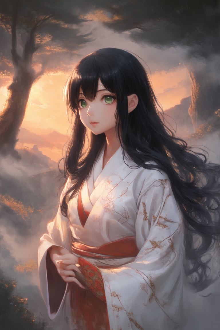 A close-up shot of a mystical girl with piercing green eyes and long, curly black hair, dressed in a flowing white kimono with intricate Japanese designs, surrounded by wispy fog and towering ancient trees, as she whispers an ancient incantation to summon the spirits, against a warm orange-hued sunset background.