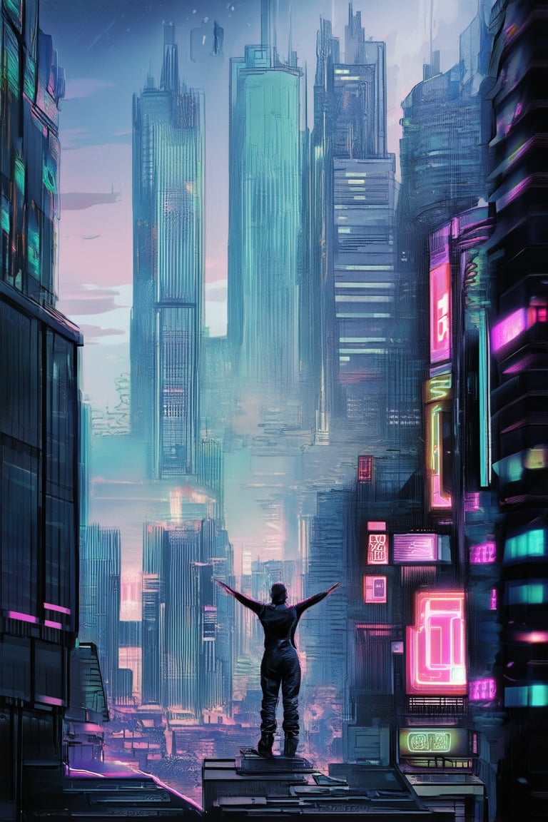 A futuristic cityscape at dusk, with sleek skyscrapers and neon-lit billboards dominating the skyline. A lone figure, dressed in a retro-futuristic jumpsuit, stands atop a building, arms outstretched as if embracing the metropolis. The artist's use of bold lines and vibrant colors brings to life this iconic scene, evoking a sense of nostalgia and wonder.