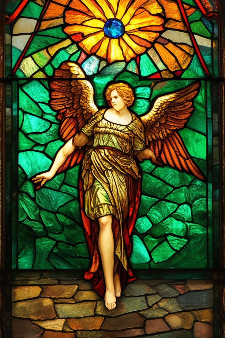 A stunning stained glass window, set against a warm afternoon sun's rays, casts kaleidoscopic hues on the stone floor below. Delicate panes of emerald green, sapphire blue, and amber orange refract light, forming an intricate mosaic. Amidst the swirling colors, a majestic angel figure stands out, wings outstretched, as if in perpetual flight.