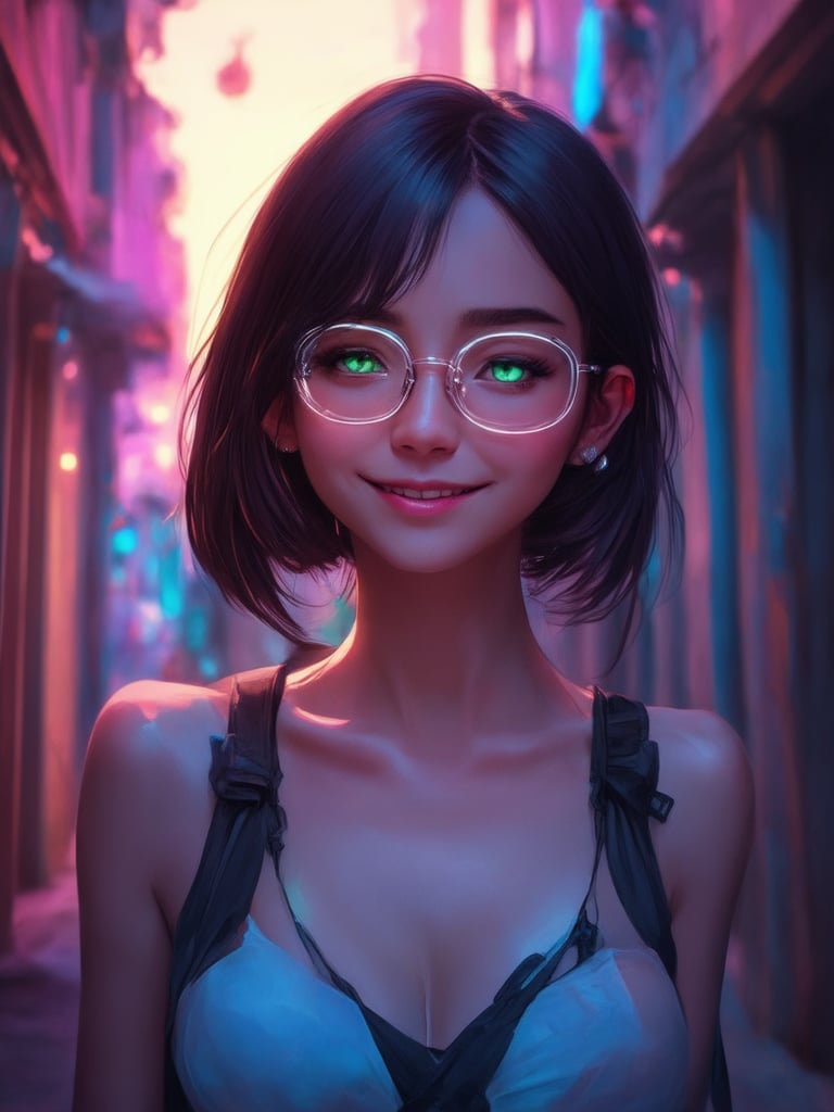 In a neon-lit alleyway, a cyberpunk girl with piercing green eyes wears clear glasses that glow like a beacon, her golden ratio-inspired features accentuated by smooth, high-definition digital painting. She poses confidently, surrounded by intricate, decadent architecture, as vibrant complementary colors dance in the light leaks and subsurface scattering of the setting sun. The rim light casts a warm glow on her face, emphasizing her charming, uplifting smile. Her detailed eyes seem to sparkle with an inner light, inviting the viewer into her world. The UHD masterpiece is a testament to the highest quality artistry, worthy of Artgerm, Loish, and Wlop.