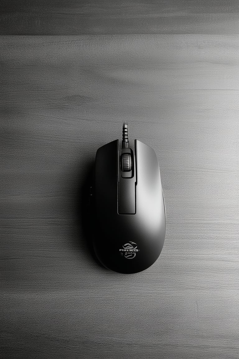 A close-up shot of a sleek black gaming mouse, 'Pixel All In', positioned on a minimalist wooden desk with a subtle gradient lighting effect. The mouse's angular design and vibrant color scheme take center stage, framed by the dark wood grain. The lens is focused on the mouse's textured surface, emphasizing its precision engineering.