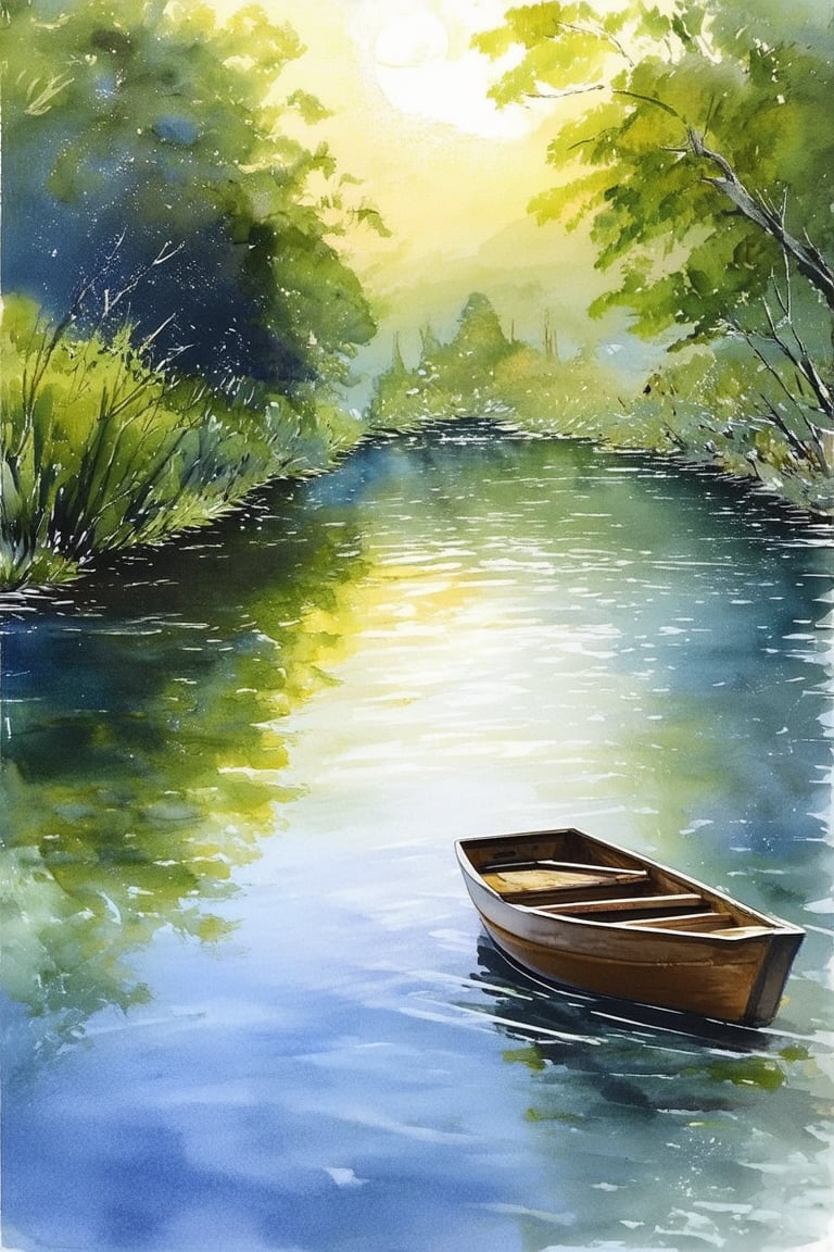 A dreamy watercolor painting of a serene lakeside scene at dawn. Soft morning light casts a gentle glow on the rippling water, surrounded by lush greenery and towering trees. A small wooden boat glides effortlessly across the lake's calm surface, leaving a trail of ripples in its wake.