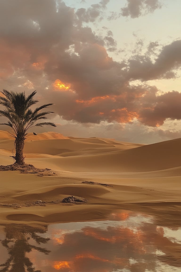 A sweeping desert landscape at sunset, with golden sand dunes stretching towards the horizon. A lone palm tree stands tall, its fronds rustling gently in the breeze. The sky is ablaze with hues of orange, yellow, and pink, as the sun dips below the dune range. A small rocky outcropping rises from the sandy expanse, providing a natural pedestal for a delicate vase of dried desert flowers.