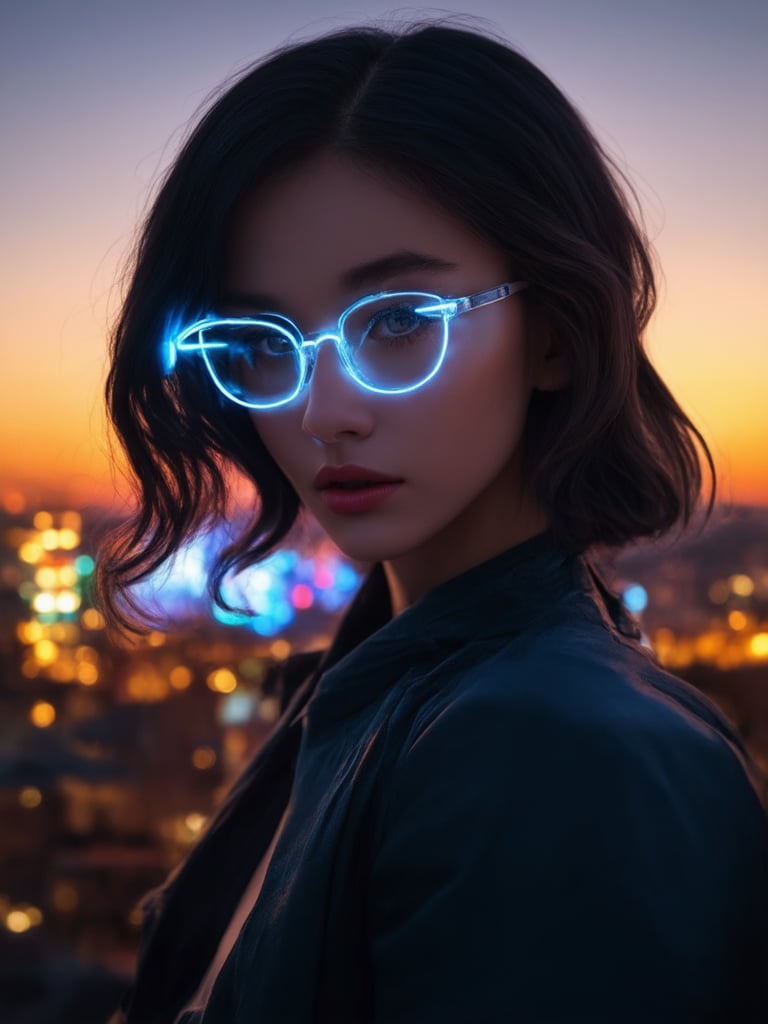 A stunning cyberpunk girl poses confidently in a futuristic cityscape at dusk. Clear neon glasses glow with an eerie blue light, refracting the warm golden hues of the setting sun. Framed by a subtle golden ratio composition, her features are rendered in exquisite detail, from the intricate folds of her clothing to the sharp focus on her captivating eyes. Soft light leaks and subsurface scattering create a mesmerizing atmosphere, while rim lighting accentuates the curves of her face. The vibrant complementary colors of the cityscape blend seamlessly into the background, drawing the viewer's attention to this heartwarming, uplifting, and charming digital masterpiece.