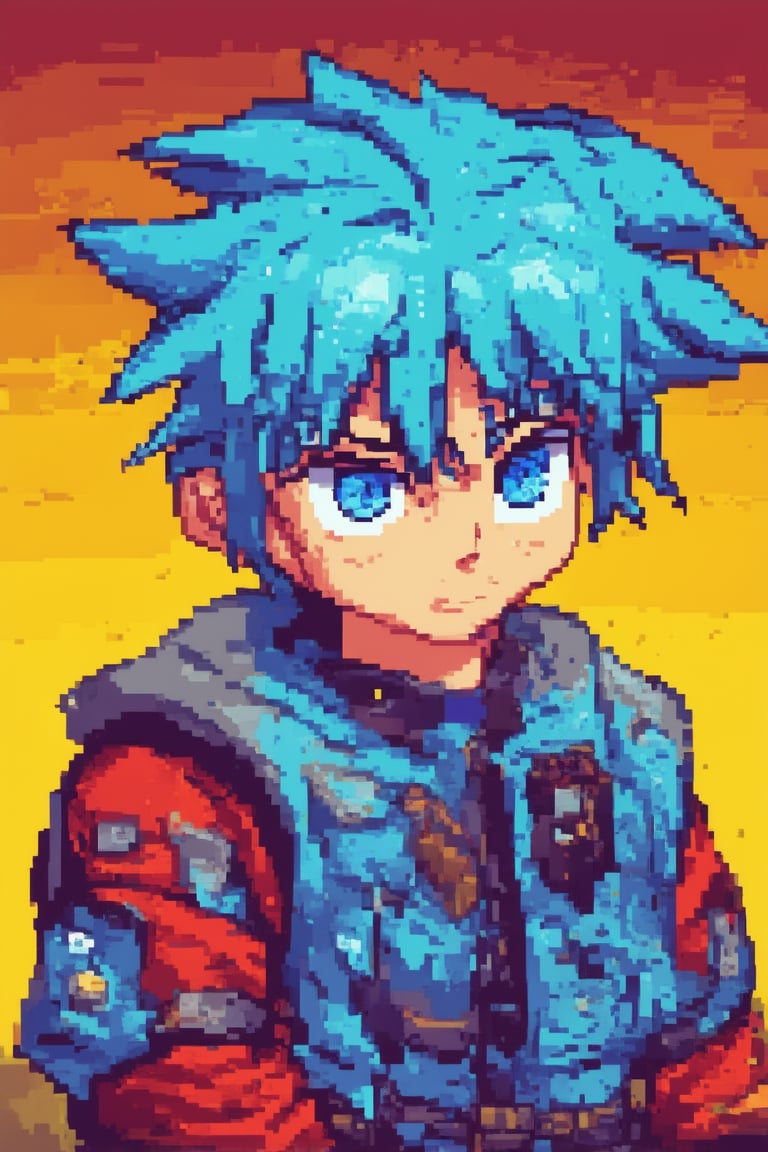 A close-up shot of a pixel art character's face, with bright blue and red hues dominating the palette. The character's eyes glow with an intense light, as if fueled by the 'All In' energy. A subtle gradient effect gives depth to the 8-bit style artwork, while the background is a warm, golden yellow. The character's facial expression conveys determination and focus.