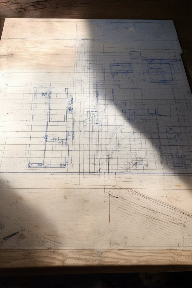 A blueprint sketch on a worn wooden table, softened morning light casting gentle shadows across the intricate lines and shapes. A faint pencil mark glows at the center, surrounded by rough-hewn architectural details, with a subtle grid pattern hinting at the engineer's meticulous planning.