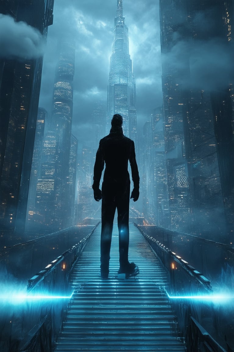 A futuristic cityscape at dusk, with neon lights illuminating the towering skyscrapers. A lone figure, dressed in a sleek black jumpsuit, stands atop a catwalk, surrounded by swirling clouds of steam and fog machines. The protagonist's face is lit from below, casting an eerie glow on their determined expression.