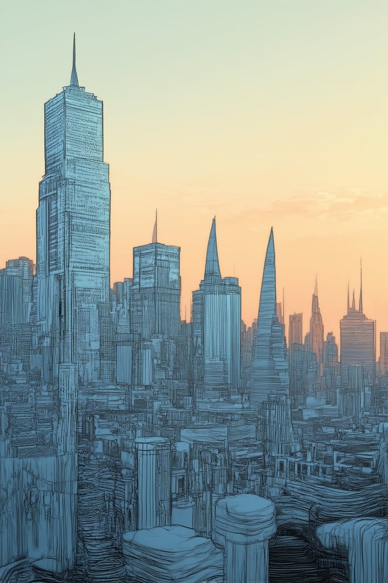 Simple yet striking line art illustration of a whimsical cityscape at dusk, created using SketchUp software. A minimalist color palette features soft blues and whites, with delicate hatching and subtle texture adding depth to the scene. The composition focuses on a central skyscraper, surrounded by wavy lines suggesting a futuristic metropolis. In the foreground, a solitary figure gazes up at the city's towering spires, as the sky transforms into a warm orange haze.