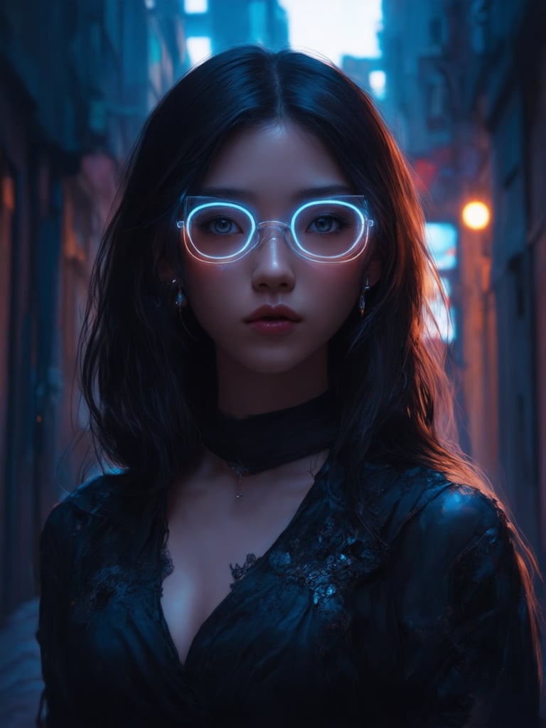 In a dimly lit cyberpunk alleyway, a striking girl with clear neon glasses gleams like a beacon. Her intricate, decadent attire shimmers under the golden ratio-inspired lighting, which casts a warm glow on her smooth, porcelain-like skin. Sharp focus and 32k UHD resolution render every detail of her face, from her piercing eyes to her delicate features, in stunning clarity. The background, bathed in subtle light leaks and rim light, adds depth and texture to the scene. Vibrant complementary colors dance across the cityscape, further elevating this digital painting masterpiece by a renowned artist like Artgerm or Loish.