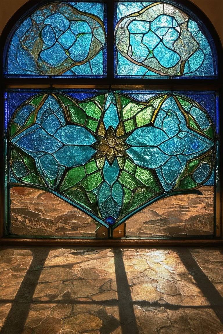 A stunning stained glass window installation, set against a warm, sunny afternoon sky, with vibrant blues and greens shimmering through intricate geometric patterns. Delicate lead lines divide kaleidoscopic colors, casting mesmerizing shadows on the adjacent stone floor.