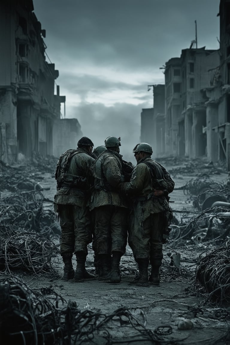 A darkened battlefield at dawn. Soldiers in tattered uniforms, weary eyes, and worn faces, huddle together amidst the ruins of a once-thriving city. Barbed wire and twisted metal scraps litter the ground as the silence is broken by the distant rumble of artillery fire. World War... chaos reigns.