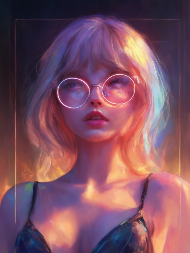 A captivating cyberpunk girl, donning clear neon glasses, stands out against a richly detailed backdrop. The golden ratio guides the composition, as she gazes into the distance with intricate, decadent attire. In stunning 32k UHD, her face is bathed in warm light, with sharp focus on every delicate feature. Subsurface scattering and rim lighting accentuate her features, while vibrant complementary colors pop against the deep background. Heartwarming, uplifting, and charming, this digital painting masterpiece exudes Loish-inspired whimsy, reminiscent of Artgerm's stunning illustrations.