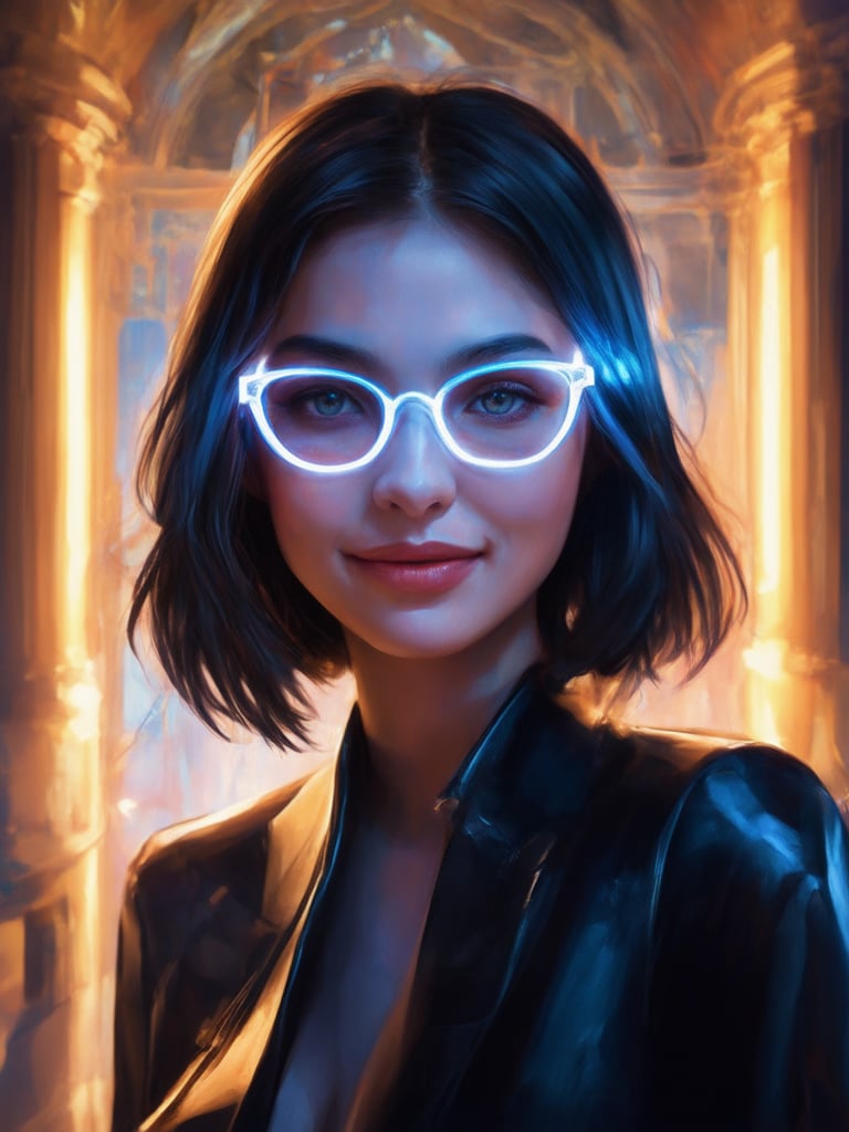 A cyberpunk maiden, donning clear neon glasses, glistens in a realm of fantasy. Against a backdrop of intricate, golden ratio-inspired architecture, she poses with confidence. Soft light leaks and subsurface scattering illuminate her face, accentuating detailed eyes and a charming smile. Rim light casts an eerie glow, highlighting the decadent atmosphere. Vibrant complementary colors dance across the composition, drawing attention to her smooth, sharp-focused visage. In this 32K UHD masterpiece, every brushstroke is a testament to the highest quality digital painting.