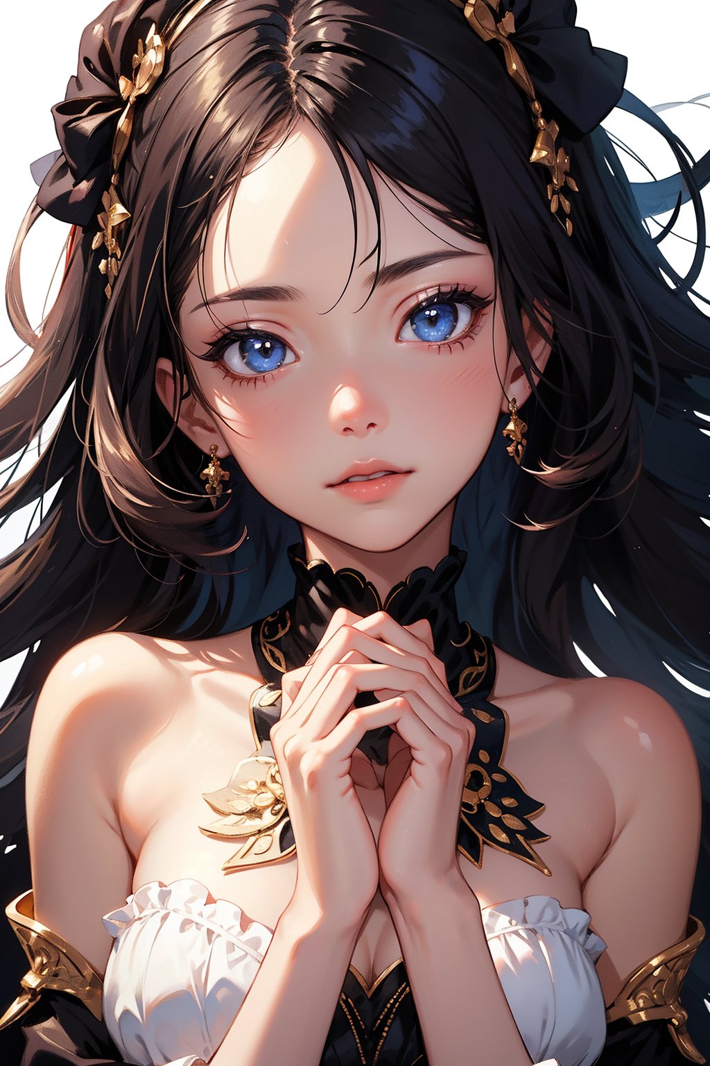 A masterpiece of surreal portraiture captures a captivating young girl with intricate details and an aura of cuteness. In a close-up shot, her eyes sparkle with an otherworldly intensity as she forms a subtle 'V' shape with her hands, her delicate fingers intertwined in a gesture of mystique.