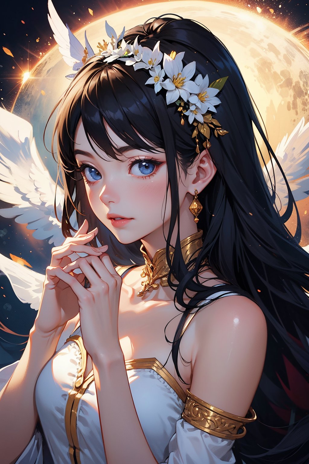 In a dreamlike setting, a cherubic girl with an angelic countenance is captured in a close-up shot, her porcelain skin and bright features illuminated by soft, ethereal light. Her delicate hands are placed together in a gentle V-shape, forming the centerpiece of the composition. Intricate details abound, from the wisps of hair framing her face to the delicate curves of her fingers. The atmosphere is one of serene elegance, as if plucked straight from a fantastical masterpiece.