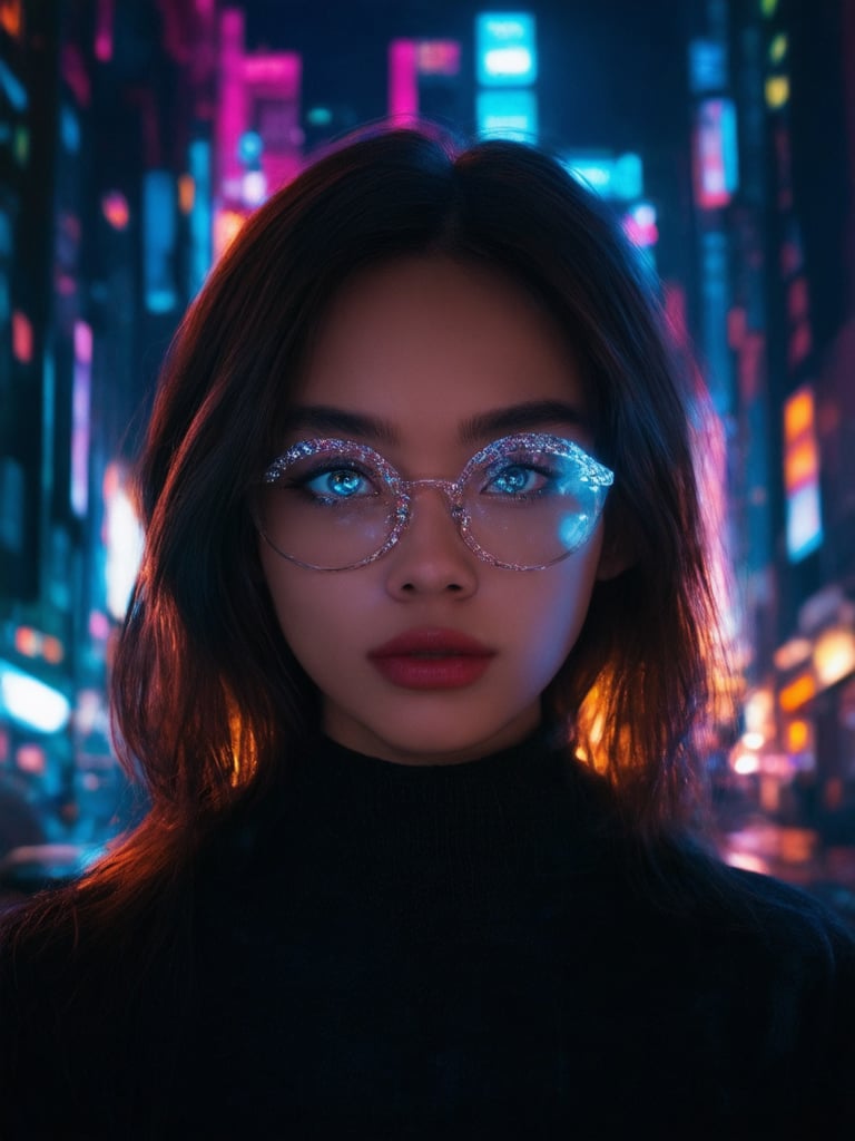 In a neon-drenched cyberpunk cityscape, a captivating girl with clear glasses that shimmer like diamonds stands out. Framed by a golden ratio composition, she poses in front of a decadent, intricately detailed backdrop, showcasing her beauty under the warm glow of light leaks and subsurface scattering. Her eyes sparkle with a sharp focus, surrounded by vibrant complementary colors that pop against the deep background. The rim light accentuates her features, making her look like a masterpiece in 32K UHD resolution.