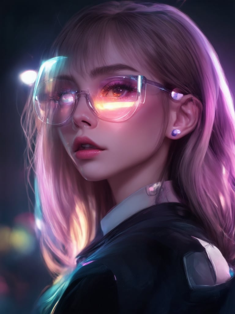 Similar graph, a cyberpunk girl, Wear clear neon glasses, cyberpunk., golden ratio details, 32k uhd, fantasy, cyberpunk, intricate, decadent, highly detailed, digital painting, ever after high, octane render, artstation, concept art, smooth, sharp focus, illustration, art by artgerm, loish, wlop. (heartwarming, uplifting, charming), (UHD, masterpiece, detailed eyes, detailed face, highest quality), (light leaks, subsurface scattering, rim light, beautiful lighting and shading, deep background, vibrant complementary colors, sharp focus)