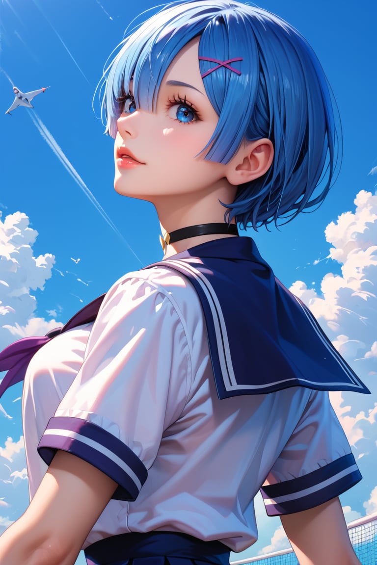 high detail, high quality, masterpiece, beauty, beautiful woman, 1 girl, RE:zero rem, bottom view, looking at viewer, (back, jumping, blue hair, beautiful face, detailed face, beautiful eyes, detailed eyes , black choker, sports school uniform, big chest, jumping obstacle) background detail, obstacle course, obstacles, bright light, Score_9, Score_8_up, Score_7_up, Score_6_up,