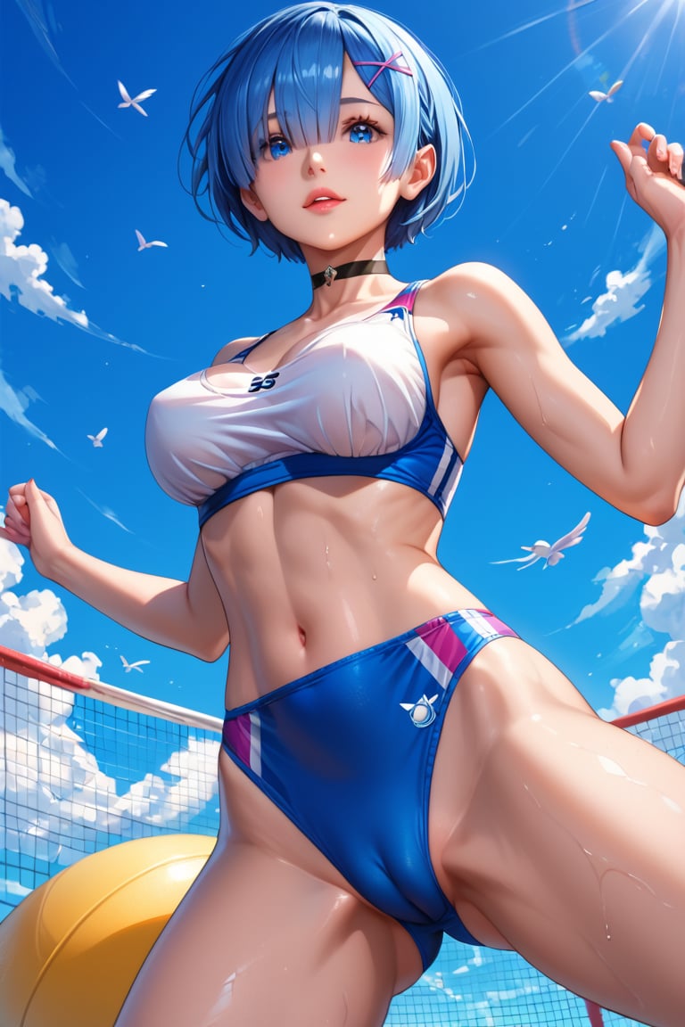 high detail, high quality, masterpiece, beauty, beautiful woman, 1 girl, RE:zero rem, bottom view, looking at viewer, (back, jumping, blue hair, beautiful face, detailed face, beautiful eyes, detailed eyes , black choker, sports blouse, Olympic bloomer, big chest, jumping obstacle, camel toe) background detail, obstacle course, obstacles, bright light, Score_9, Score_8_up, Score_7_up, Score_6_up,