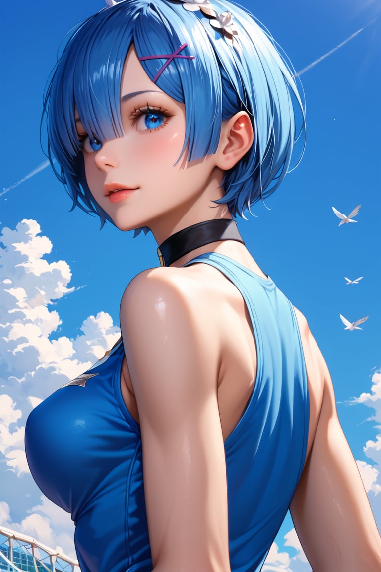 high detail, high quality, masterpiece, beauty, beautiful woman, 1 girl, RE:zero rem, bottom view, looking at viewer, (back, jumping, blue hair, beautiful face, detailed face, beautiful eyes, detailed eyes , black choker, sports uniform, big chest) background detail, obstacle course, obstacles, bright light, Score_9, Score_8_up, Score_7_up, Score_6_up,