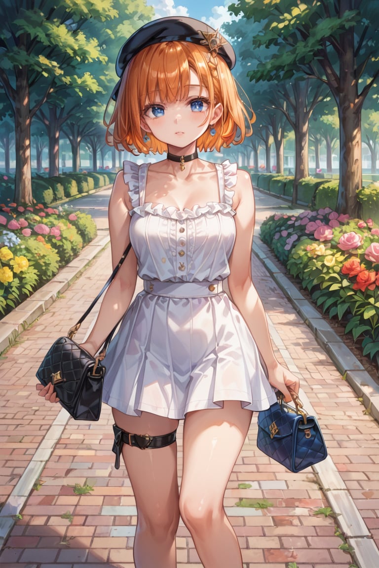 high detail, high quality, masterpiece, beauty, beautiful woman, 1 girl, full body, looking at viewer, (orange hair, short hair, beautiful face, blushing, beautiful eyes, bright eyes, blue eyes, black choker, white blouse sleeveless, short white skirt, handbag, black beret, leg belt), background detail, park, day, bright light, colorful flowers, Score_9, Score_8_up, Score_7_up, Score_6_up