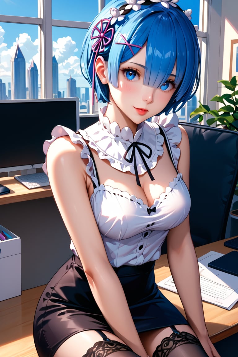 high detail, high quality, masterpiece, beauty, beautiful woman, 1 girl, RE:zero rem, looking at viewer, full body, (sitting, blue hair, beautiful face, detailed face, beautiful eyes, detailed eyes, white blouse sleeveless, short black skirt, black stockings, black garter belt, big chest, sitting at desk) background detail, office, computers, window, Score_9, Score_8_up, Score_7_up, Score_6_up,