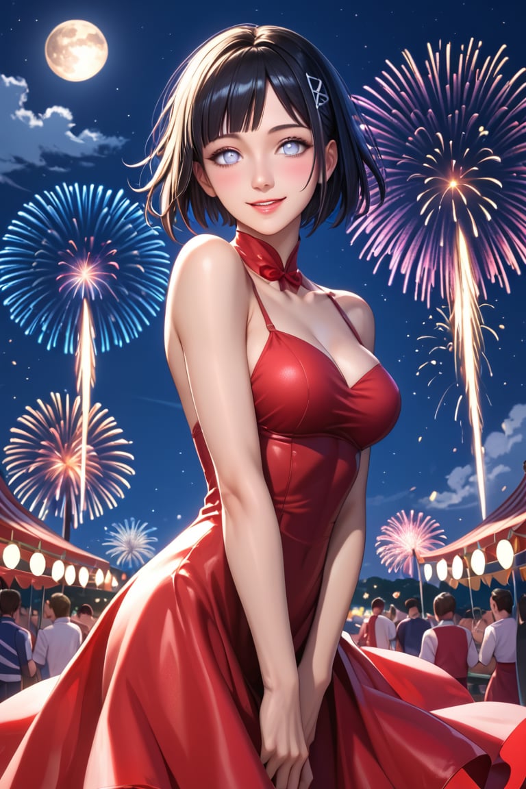 high detail, high quality, masterpiece, beauty, beautiful woman, 1 girl, Hinata Hyuga from boruto, looking at viewer, full body, (black hair, short hair, beautiful face, detailed face, beautiful eyes, detailed eyes, white eyes , flirty smile, blushing, red tight dress, black stockings, big chest) background detail, night, carnival, bright light, fireworks, moon, Score_9, Score_8_up, Score_7_up, Score_6_up,