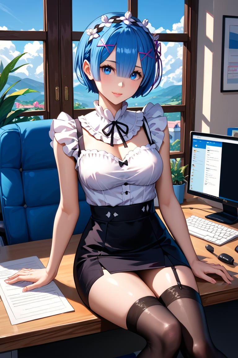 high detail, high quality, masterpiece, beauty, beautiful woman, 1 girl, RE:zero rem, looking at viewer, full body, (sitting, blue hair, beautiful face, detailed face, beautiful eyes, detailed eyes, white blouse sleeveless, short black skirt, black stockings, black garter belt, big chest, sitting at desk) background detail, office, computers, window, Score_9, Score_8_up, Score_7_up, Score_6_up,