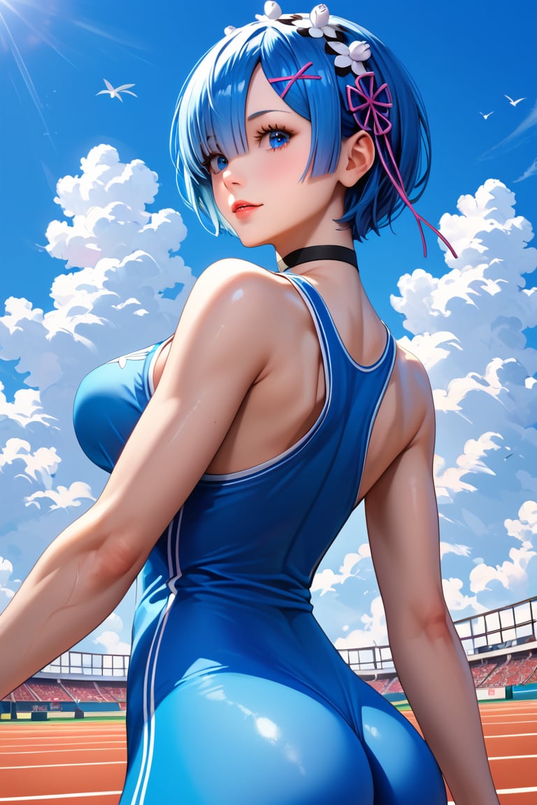 high detail, high quality, masterpiece, beauty, beautiful woman, 1 girl, RE:zero rem, bottom view, looking at viewer, (back, jumping, blue hair, beautiful face, detailed face, beautiful eyes, detailed eyes , black choker, sports uniform, big chest) background detail, obstacle course, obstacles, bright light, Score_9, Score_8_up, Score_7_up, Score_6_up,