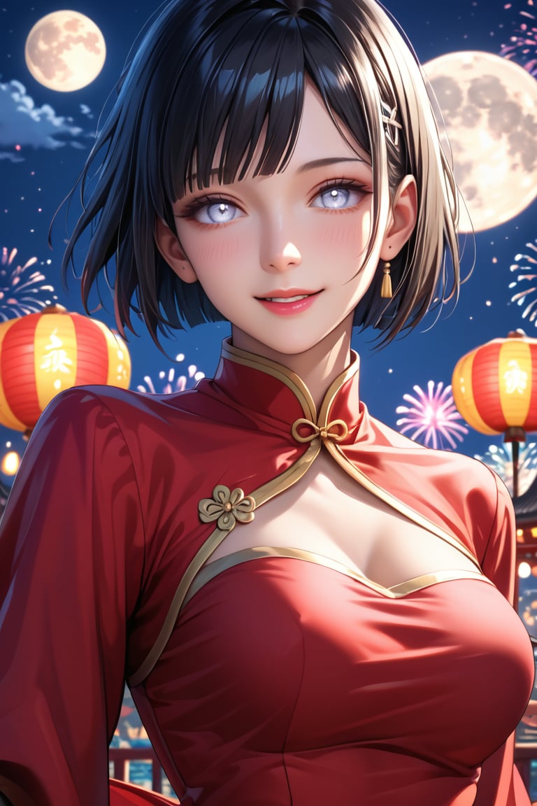 high detail, high quality, masterpiece, beauty, beautiful woman, 1 girl, Hinata Hyuga from boruto, looking at viewer, full body, (black hair, short hair, beautiful face, detailed face, beautiful eyes, detailed eyes, white eyes , flirty smile, blushing, Chinese dress, black stockings, big chest) background detail, night, carnival, bright light, fireworks, moon, Score_9, Score_8_up, Score_7_up, Score_6_up,