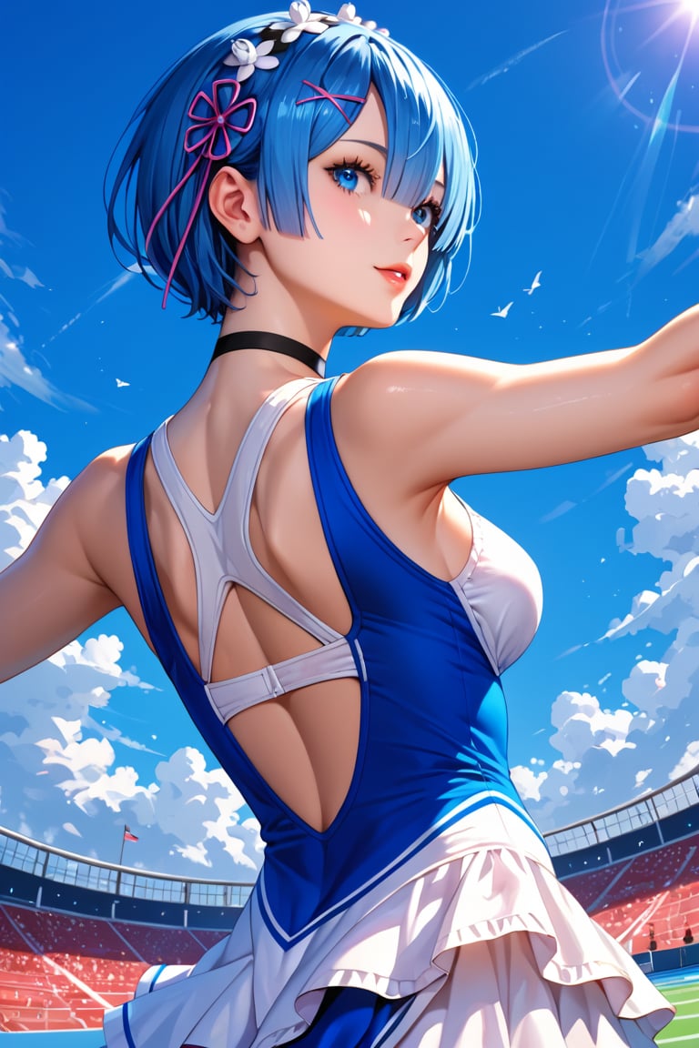 high detail, high quality, masterpiece, beauty, beautiful woman, 1 girl, RE:zero rem, bottom view, looking at viewer, (back, jumping, blue hair, beautiful face, detailed face, beautiful eyes, detailed eyes , black choker, sports blouse, Olympic bloomer, big chest, jumping obstacle) background detail, obstacle course, obstacles, bright light, Score_9, Score_8_up, Score_7_up, Score_6_up,