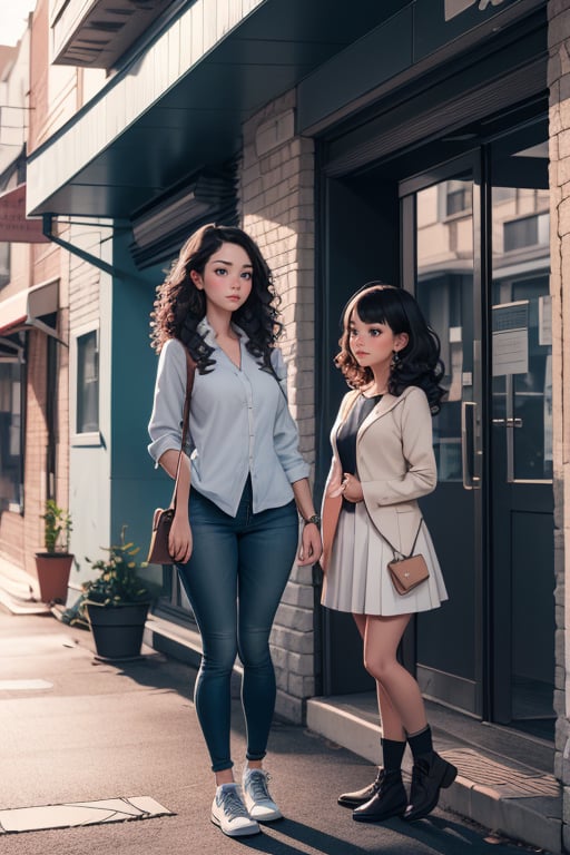 A girl with dark curly hair with dark round face with big eye and his mom smiller to her with dark curly long hair and ovel dark face standing outside the school girl look confused and emotional 