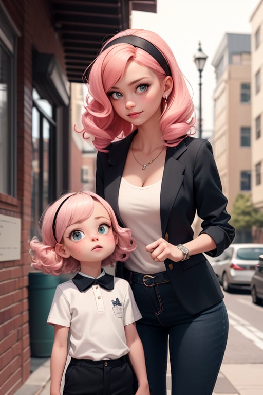 Create a detailed cartoon illustration of a scene featuring a 5-year-old girl named Trudi and her mom, Melda. Trudi has dark, curly, and voluminous hair styled with a natural texture. She has a round, dark face with big, expressive eyes and slightly arched eyebrows that give her a thoughtful or curious expression. She wears a light pink school dress with a matching pink headband. Trudi looks confused and emotional, her posture indicating she's in her feelings as she stands outside her school.

Beside her is her mom, Melda, who has similar dark, curly hair, but longer and more voluminous, styled in a natural, loose curl pattern. Melda has an oval, dark face with warm, kind features, large gentle eyes, and soft lips that carry a gentle smile. She wears casual and comfortable attire consisting of a white t-shirt with a blazer over it and black pants. Melda stands beside Trudi, showing concern, as she gently tries to comfort her daughter. The background suggests they are outside the school, with a warm, soft atmosphere highlighting the emotional moment between mother and daughter."