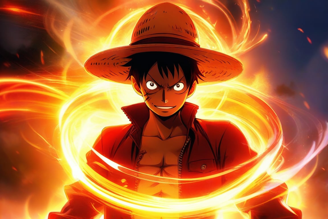 Luffy: A dynamic, action-packed portrait of Luffy, his rubber powers glowing with a fierce, energetic aura.