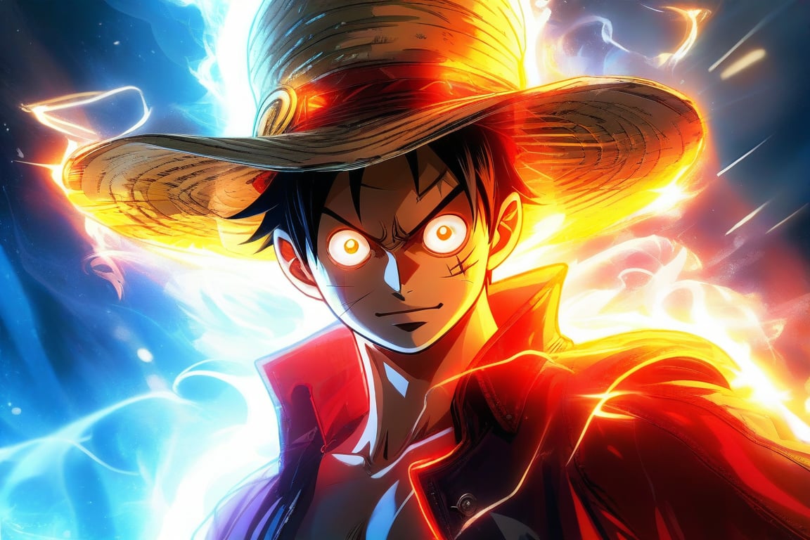 Luffy: A dynamic, action-packed portrait of Luffy, his rubber powers glowing with a fierce, energetic aura.