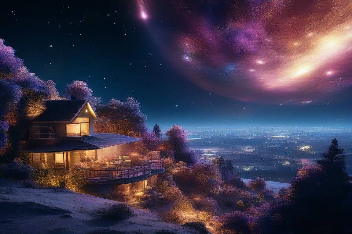 Home on the moon, planet, nebula, colorful light trees, , masterpiece, photorealistic, best quality, intricate, 8k, HDR, cinematic lighting, sharp focus,galaxy,fantacy ultra hd,city bg. (UltraHD) .sharp. Cinematic, cinematic light, cinematic photography, realistic experience. Highly detailed, ultra sharp. ,galaxy bg. ,glitter,LegendDarkFantasy