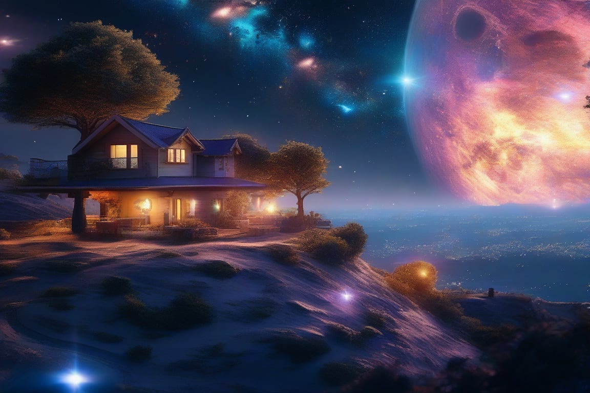 Home on the moon, planet, nebula, colorful light trees, , masterpiece, photorealistic, best quality, intricate, 8k, HDR, cinematic lighting, sharp focus,galaxy,fantacy ultra hd,city bg. (UltraHD) .sharp. Cinematic, cinematic light, cinematic photography, realistic experience. Highly detailed, ultra sharp. ,galaxy bg. ,glitter,LegendDarkFantasy