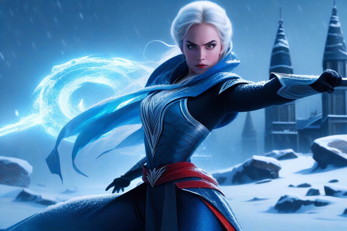 Icy grip of winter, Disney's Elsa unleashes her cryokinetic powers in a Mortal Kombat-style finishing move, amidst a snowy battlefield. digital painting