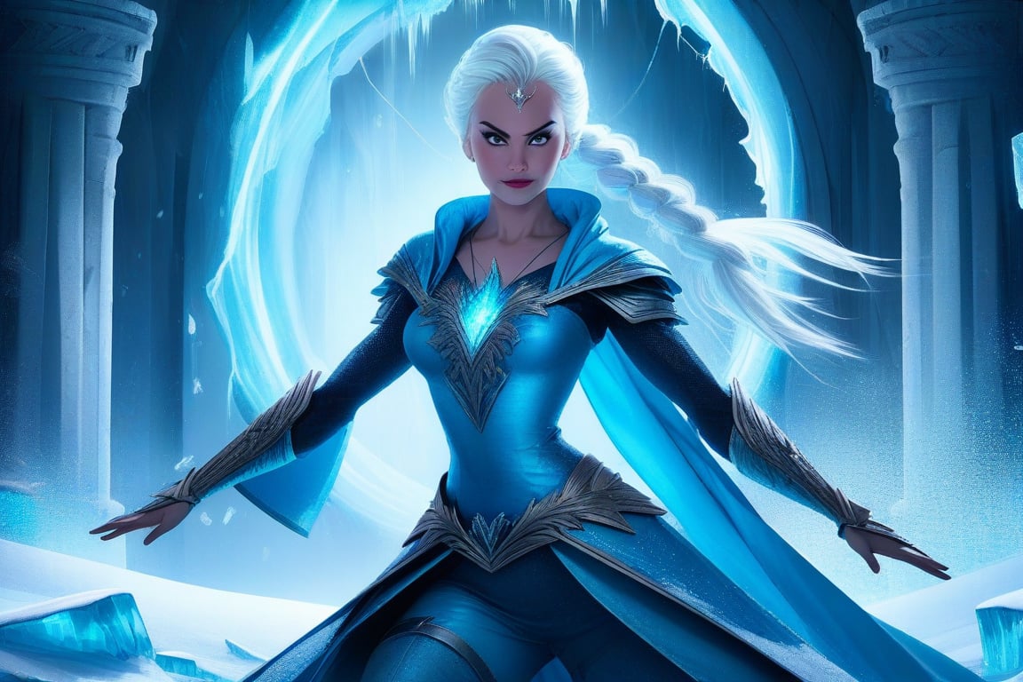 Elsa's icy grip, a Disney Frozen princess unleashes her frosty powers in a Mortal Kombat-style fatality, encasing her opponent in a tomb of ice. digital painting