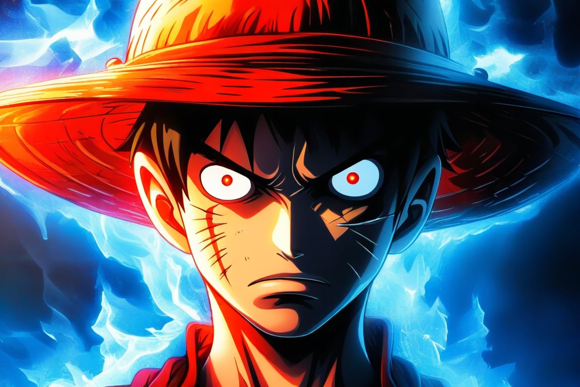 Luffy: A close-up of Luffy's determined face, his eyes burning with a fierce ambition, as he prepares to face off against a powerful foe.