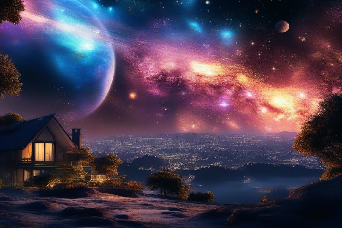 Home on the moon, planet, nebula, colorful light trees, , masterpiece, photorealistic, best quality, intricate, 8k, HDR, cinematic lighting, sharp focus,galaxy,fantacy ultra hd,city bg. (UltraHD) .sharp. Cinematic, cinematic light, cinematic photography, realistic experience. Highly detailed, ultra sharp. ,galaxy bg. ,glitter,LegendDarkFantasy